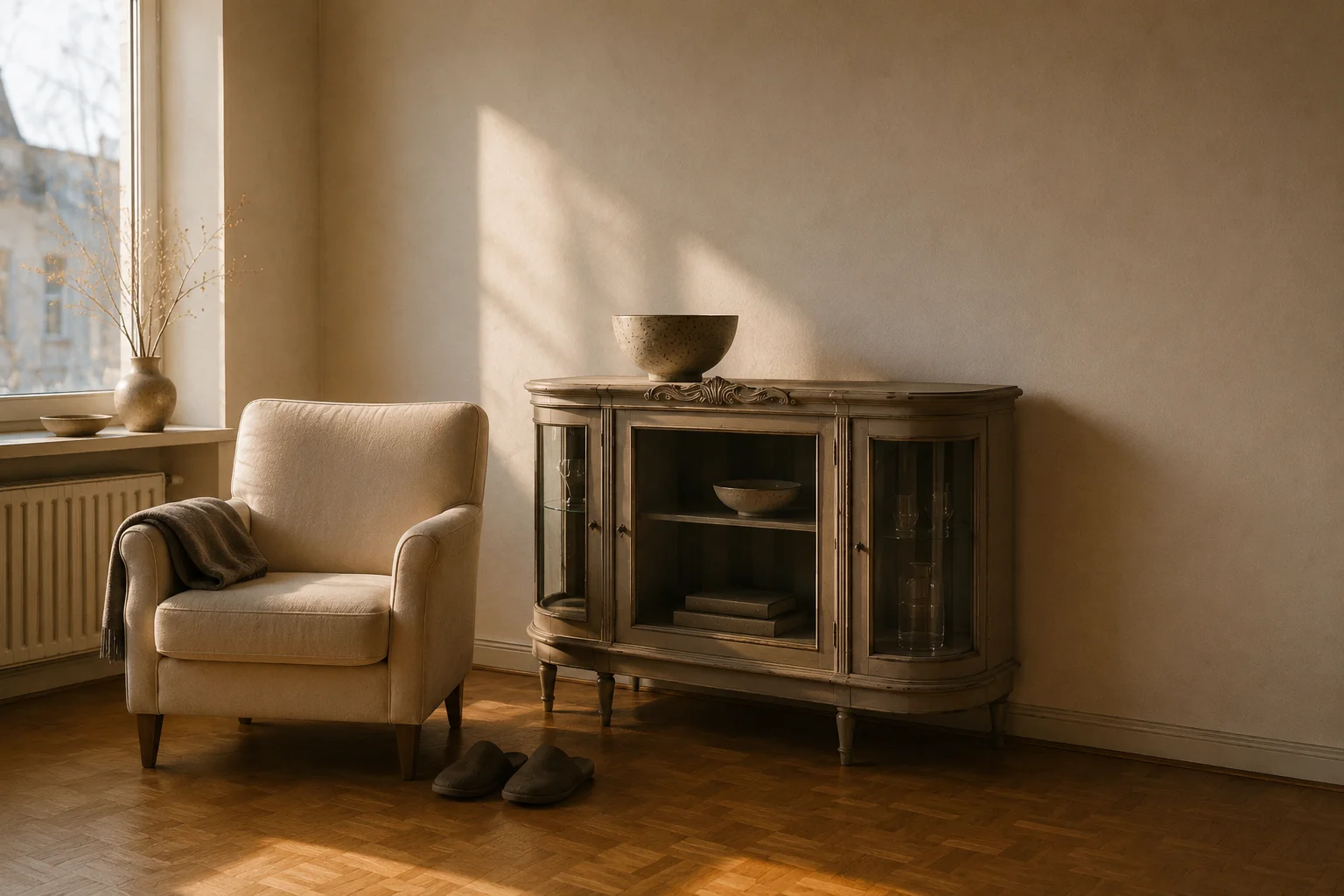 Morgenlicht in einer Wohnung Am Holzhafen, mit einem restaurierten Sideboard aus Walnuss an der Rückwand und einem Leinensessel am Fenster