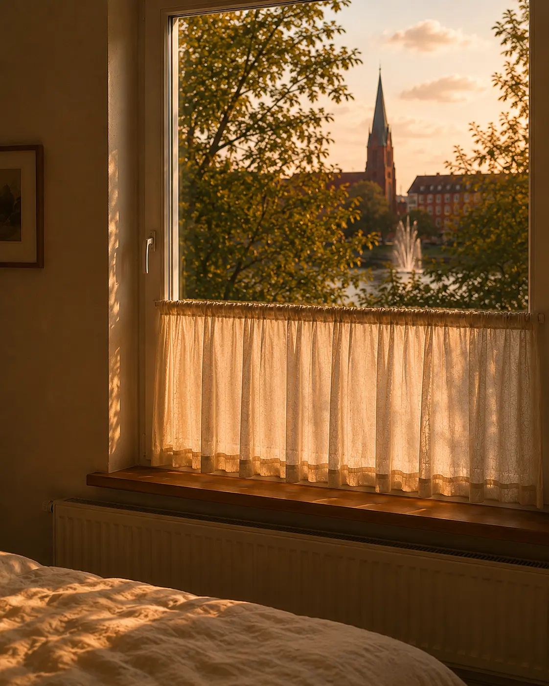 Ein hohes Fenster mit Leinenvorhang, durch das warmes Morgenlicht auf das Eichenparkett fällt